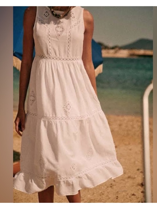 Sezane Dresses & Skirts - Sezane Zarrri Lace Embroidery White Eyelet Tiered Midi Dress 36 US4